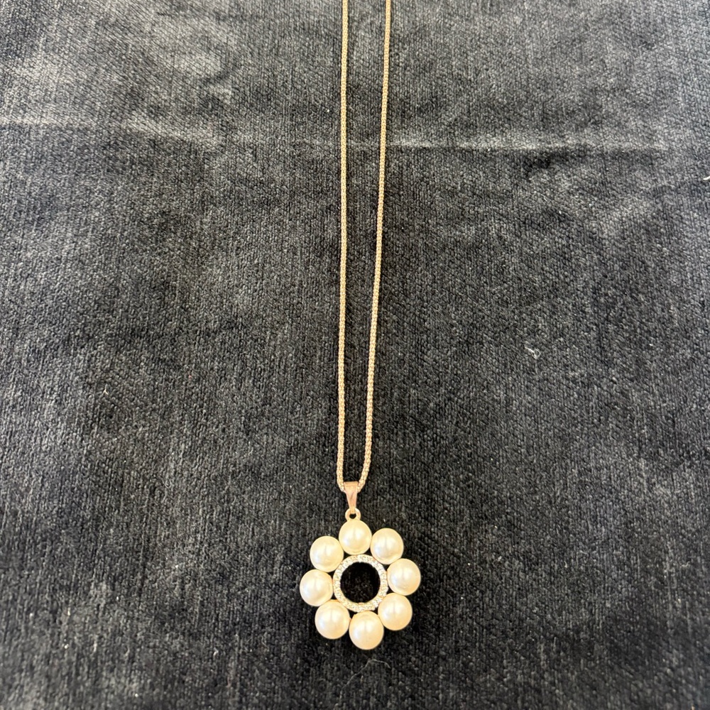 Faux Pearl Flower Pendant Necklace | Rhinestone Halo | Gold-Tone Chain